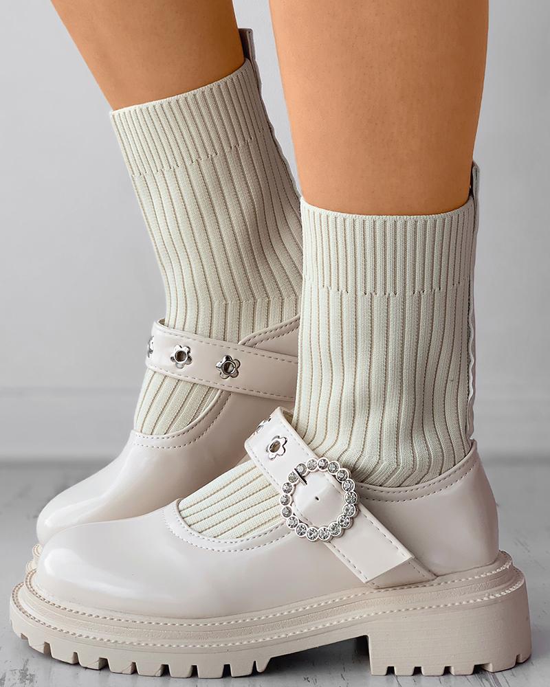 

Floral Pattern Eyelet Rhinestone Decor Chunky Mary Jane Sock Boots, Beige
