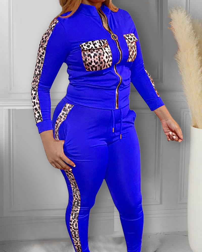 

Plus Size Cheetah Print Colorblock Top & Drawstring Pants Set, Blue