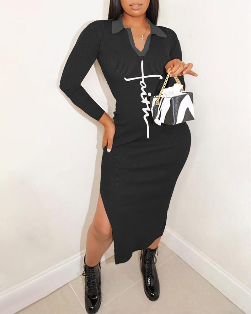 

Letter Print Long Sleeve High Slit Casual Dress, Black