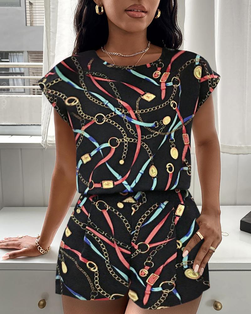 

Multicolor Patterns Print Short Sleeve Loose T-shirts With Wide Leg Shorts Suit Sets, Style1