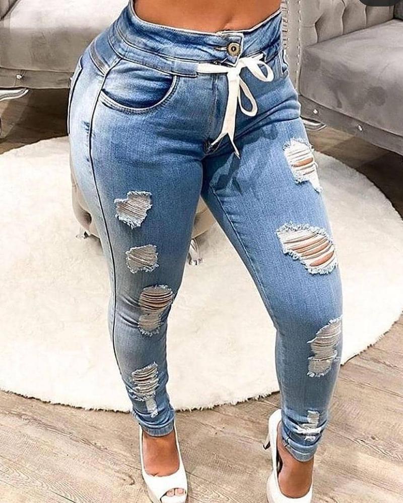 

Ripped Cutout Drawstring Single Button Jeans, Blue