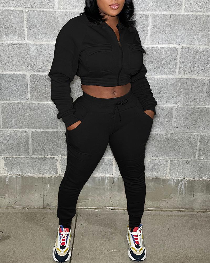 

Zipper Pocket Design Crop Sweatshirt & Pants Set, Black