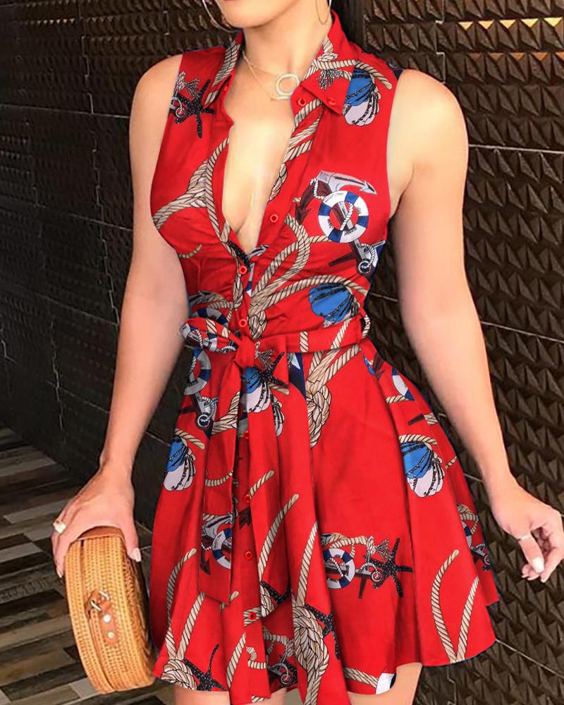 

Floral Print Sleeveless V-Neck Tie Waist Shirt Dress, Red
