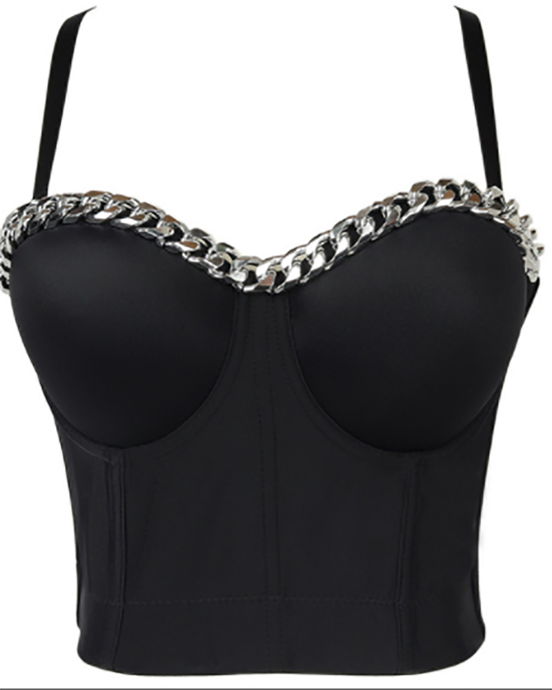 

Chain Decor Spaghetti Strap V-Neck Corset Top, Black