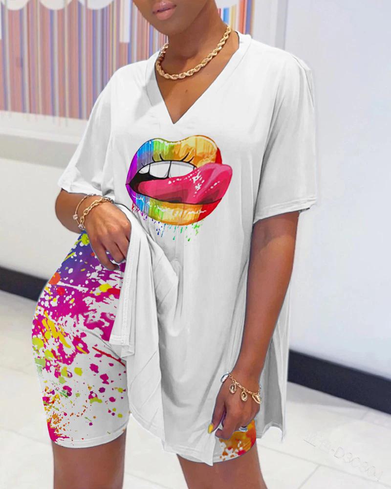 

Ink Splash Lip Print Blouse Set, Multicolor