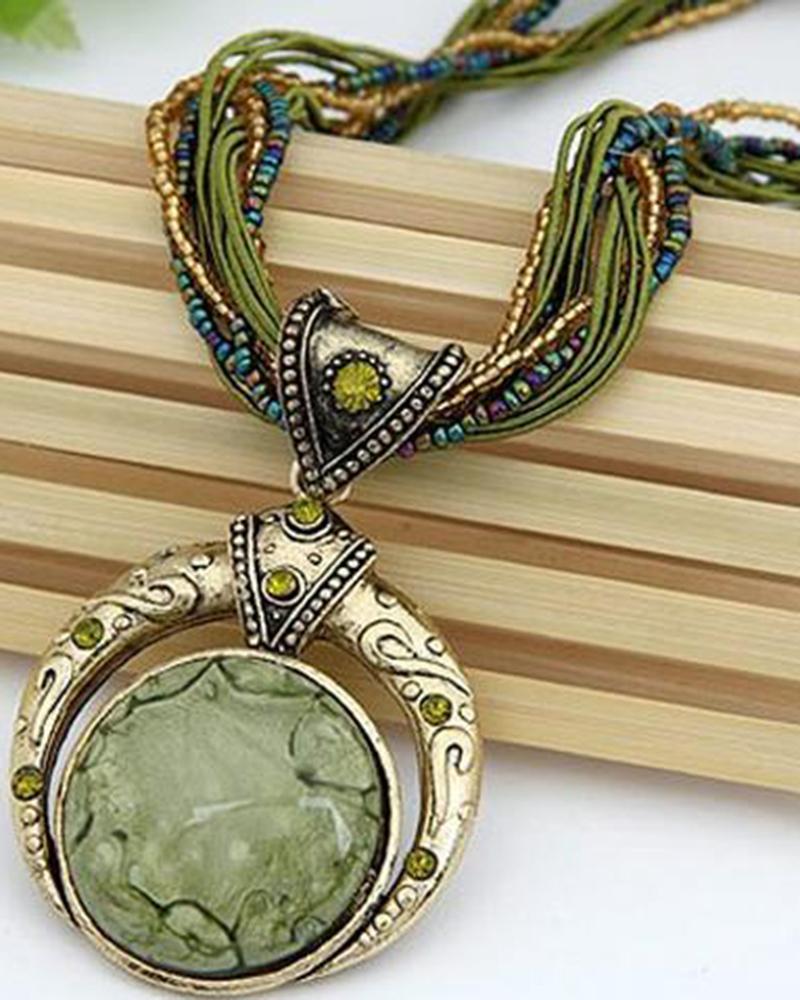 

1pc Bohemian Round Shaped Gem Stone Pendant Necklace, Green