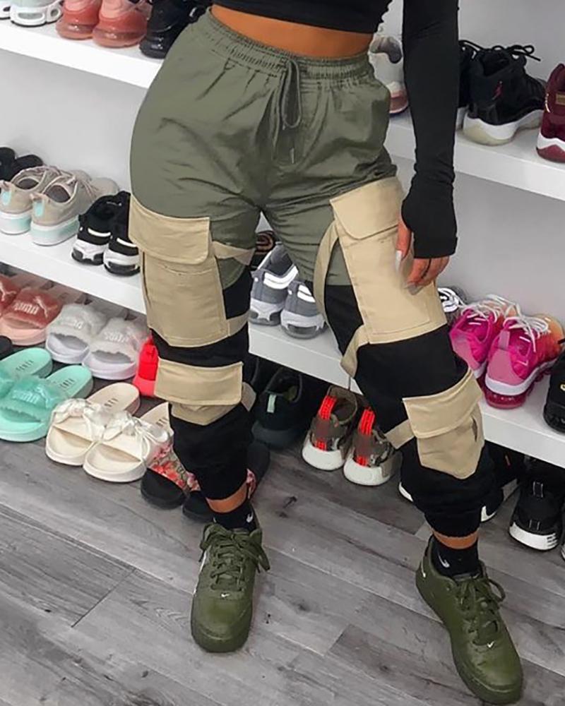 

Pocket Design Colorblock Drawstring Cargo Pants, Green