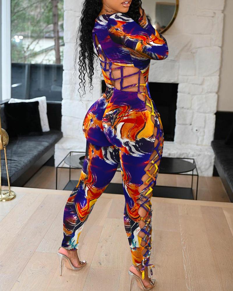 

Colorblock Lace Up Side Long Sleeve Jumpsuit, Multicolor