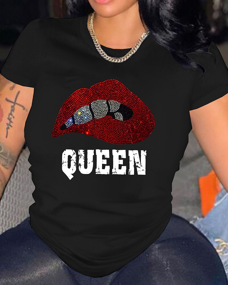 

Rhinestone Lip Letter Pattern Short Sleeve T-shirt, Black