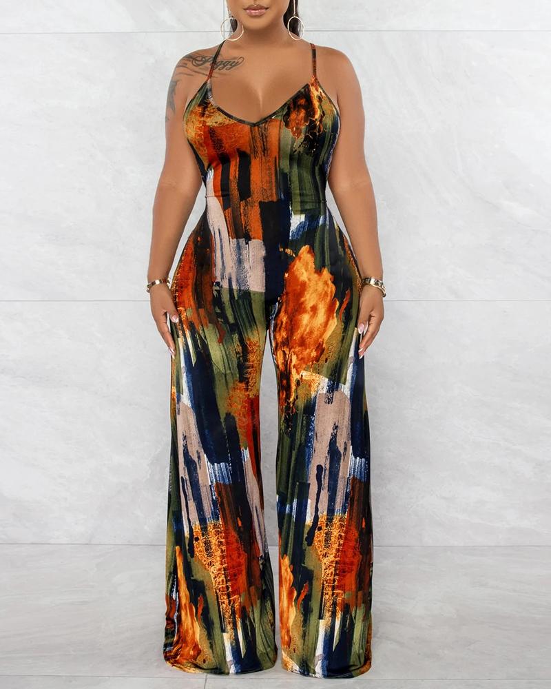 

Tie Dye Print Backless Wide Leg Jumpsuit, Multicolor