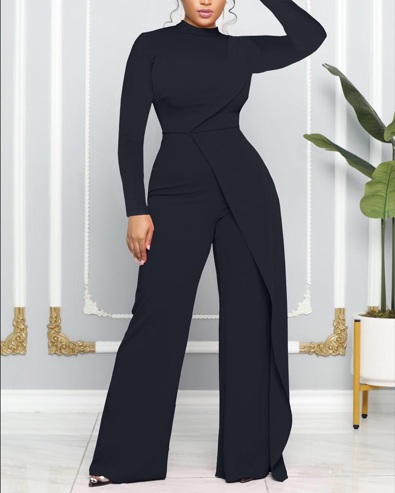 

Plain Long Sleeve Patchwork Jumpsuit, Black
