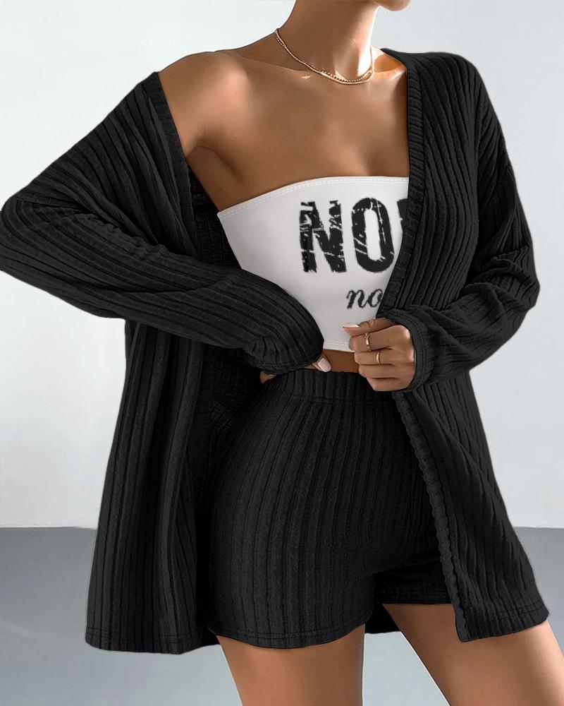 

Nope Not Today Print Bandeau Crop Top & Ribbed Shorts Set With Cardigan, Black