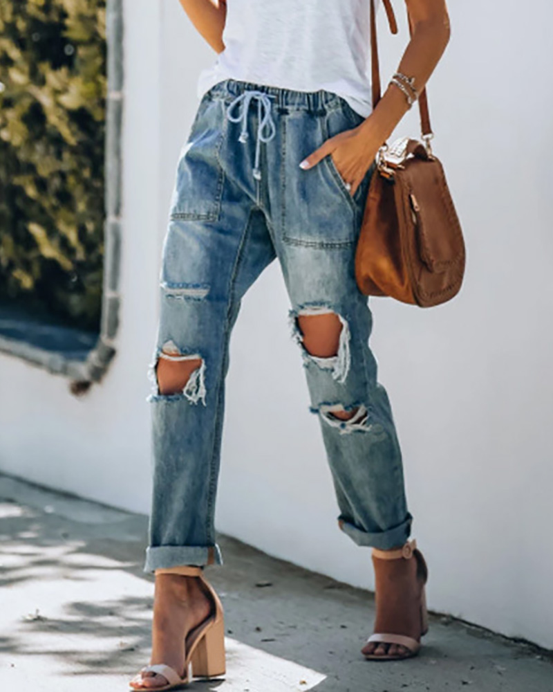 

Ripped Cutout Pocket Design Denim Pants, Light blue