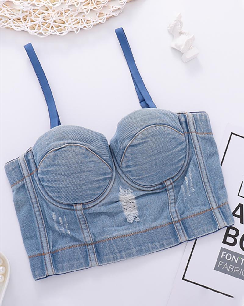 

Ripped Spaghetti Strap Skinny Denim Crop Top, Blue