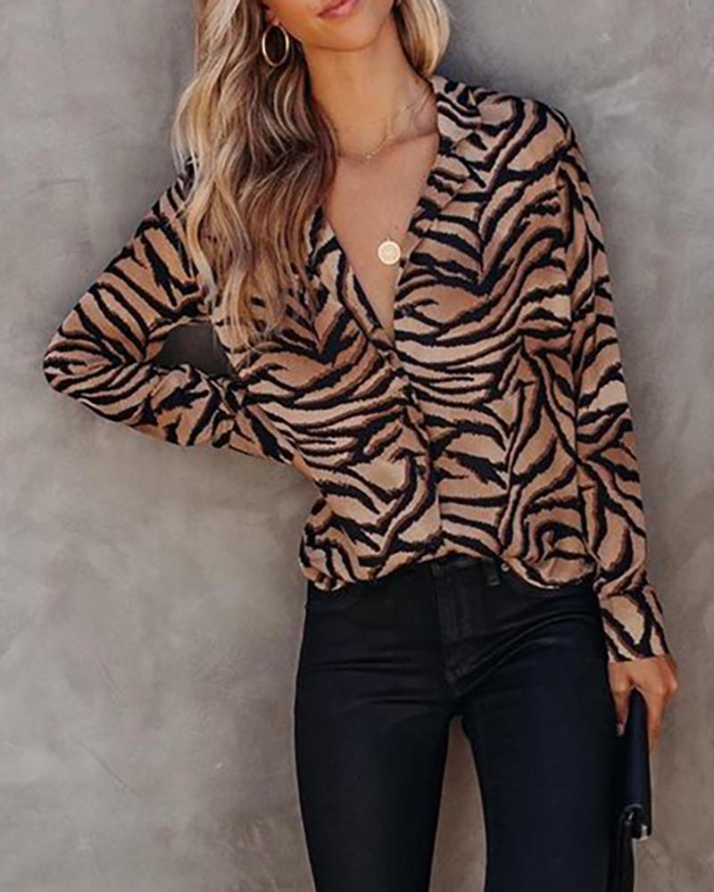 

Zebra Print V Neck Button Up Casual Shirt, Dark brown