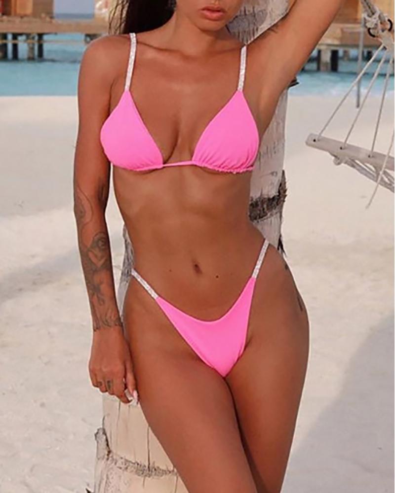 

Rhinestone Strap V Neck Bikini Set, Pink