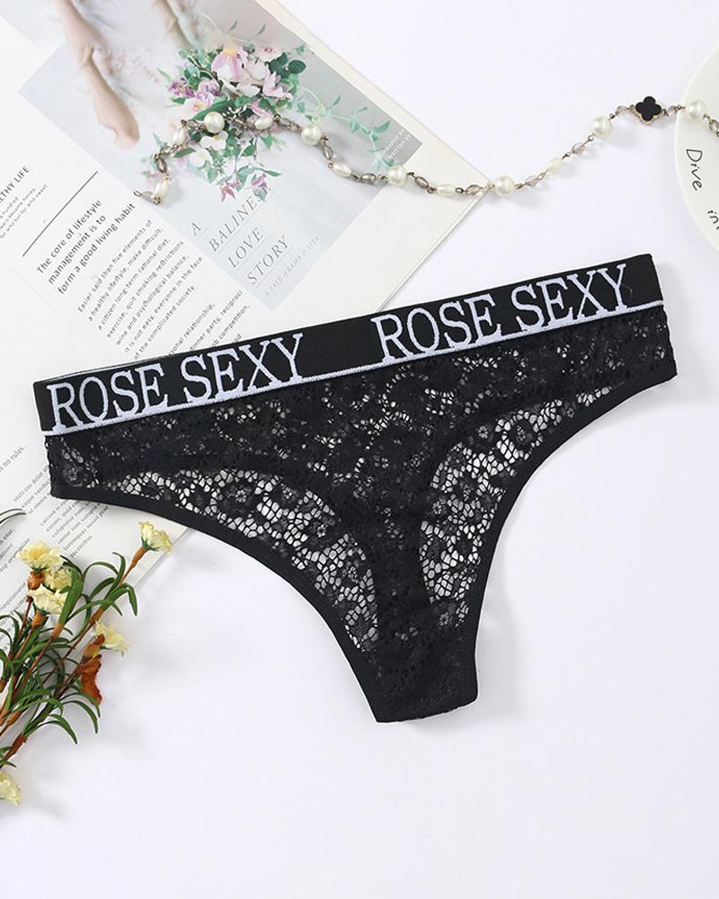 

Hollow-out Seeing Through Letter Print Low Waist Skinny Sexy Short Panties, Black