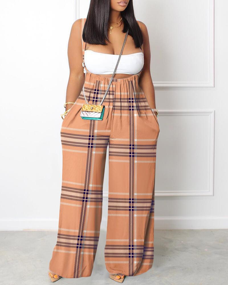 

Plaid Print Wide Leg Suspender Jumpsuit, Khaki
