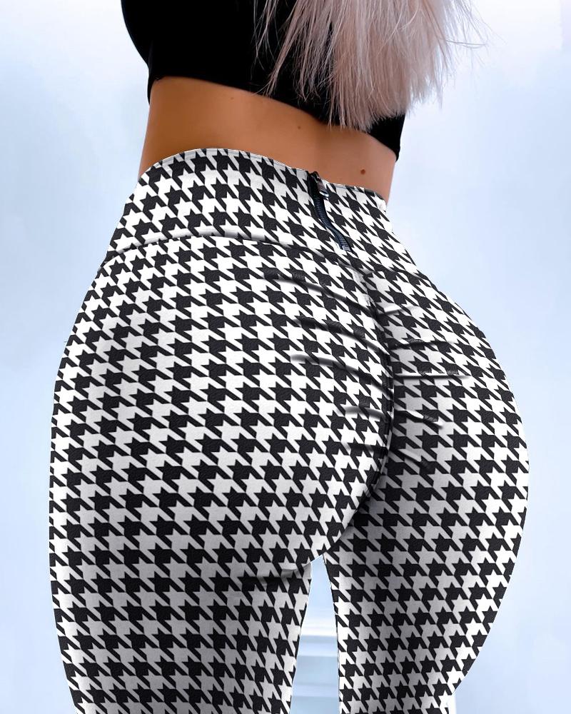 

Houndstooth Zipper Back Ruched High Waist Skinny Pants, Black