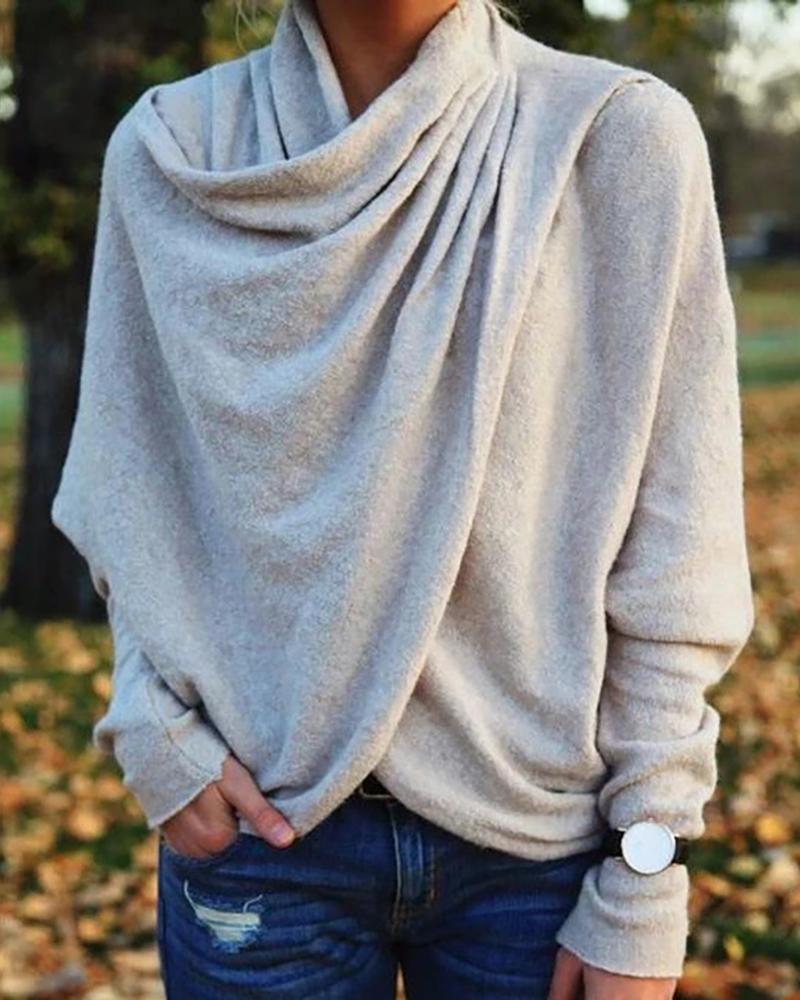 

Plain Long Sleeve Wrap Sweater, Gray