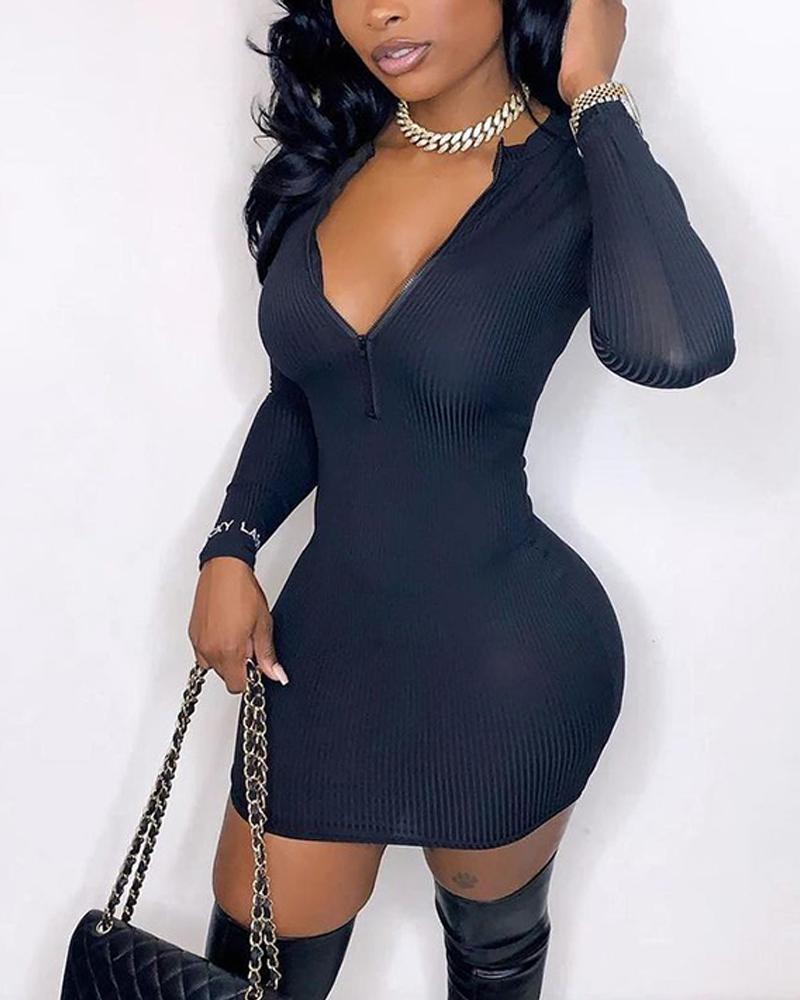 

Solid Color Ribbed Long Sleeve Skinny Mini Dress, Black