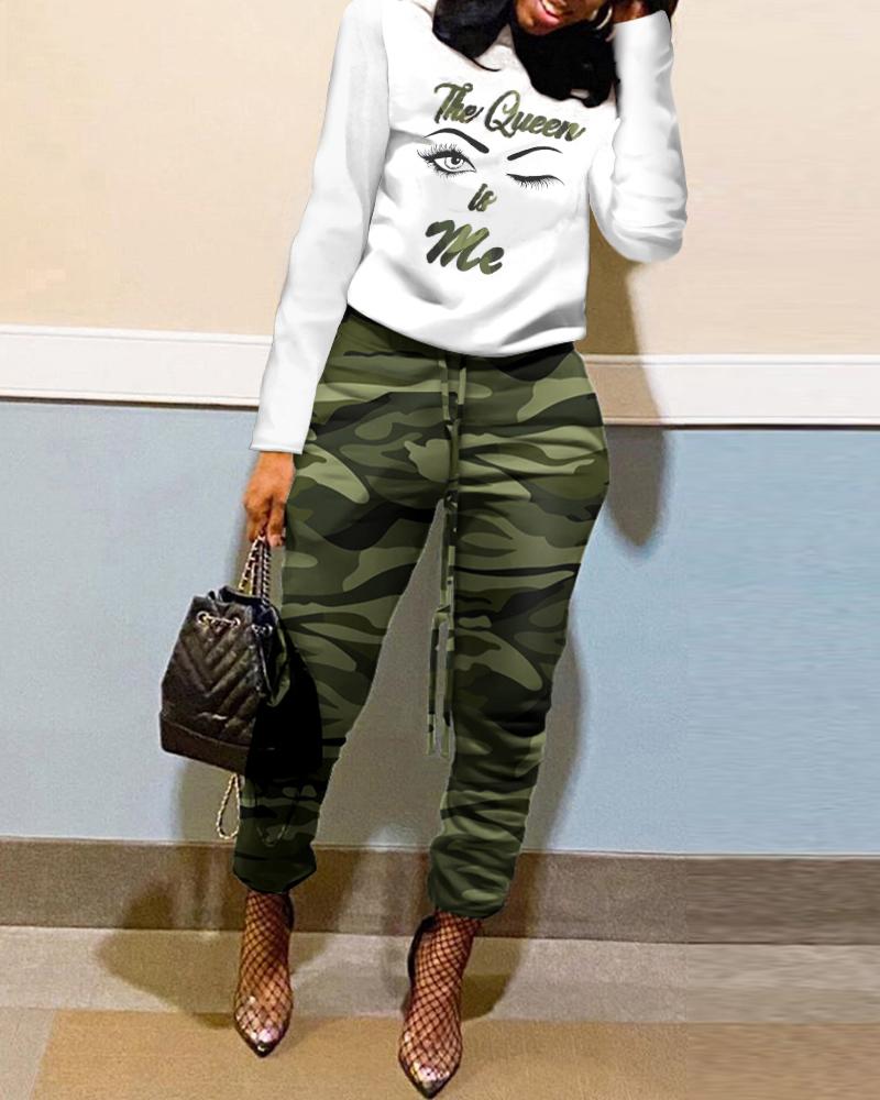 

The Queen Is Me Camo Print Long Sleeve Top & Pants Set, Camoflage