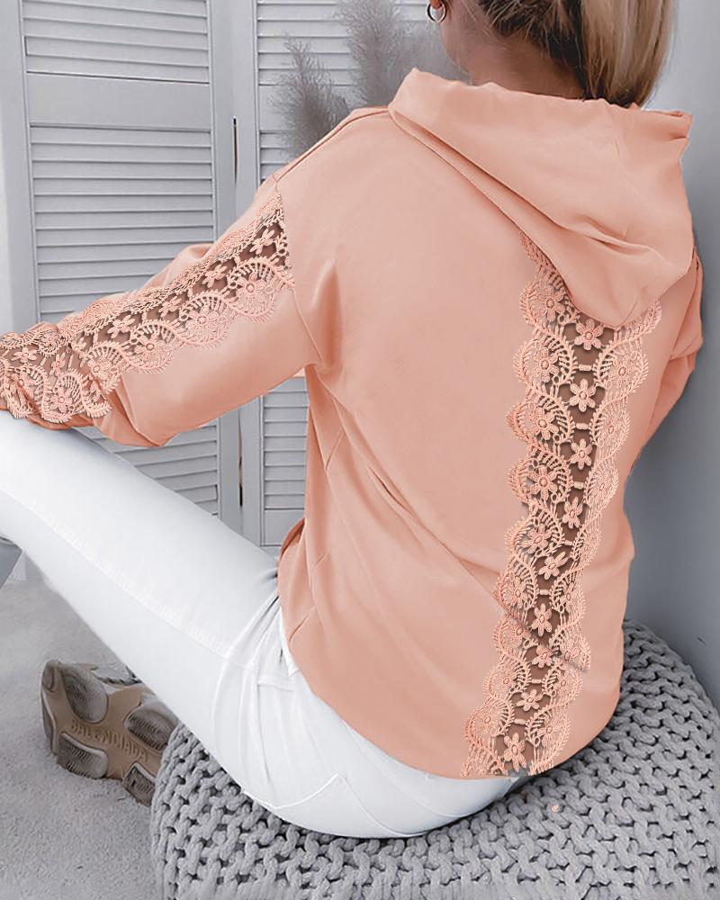 

Guipure Lace Patch Long Sleeve Drawstring Hoodie, Pink