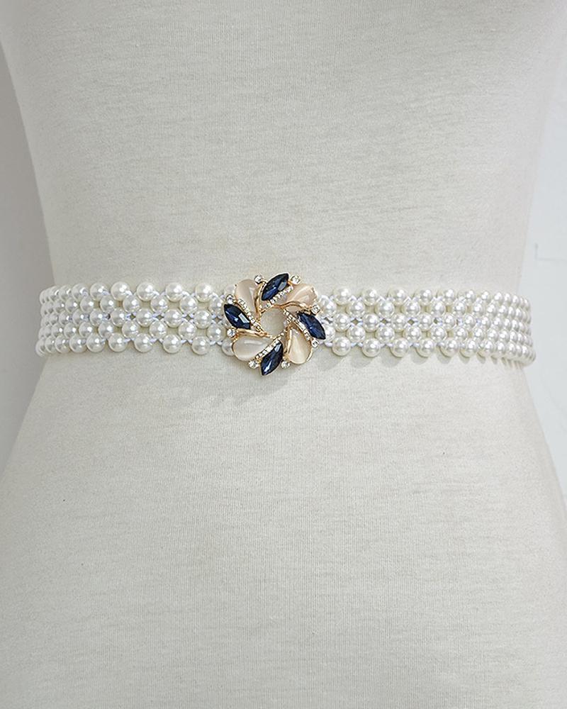 

1pc Allover Pearls Rhinestone Buckle Belt, White