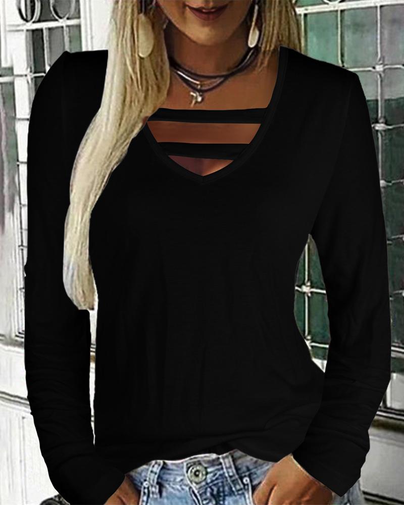 

Plain V-Neck Long Sleeve Top, Black