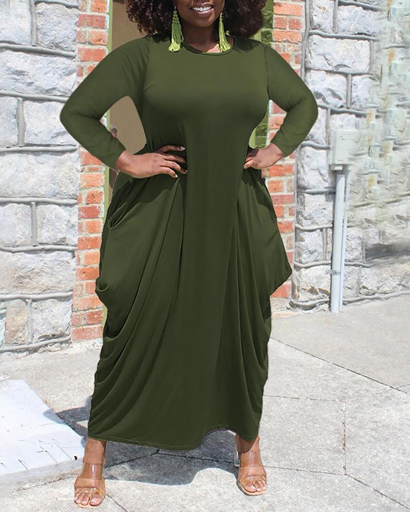 

Plus Size Long Sleeve Pocket Detail Draped Maxi Dress, Dark green