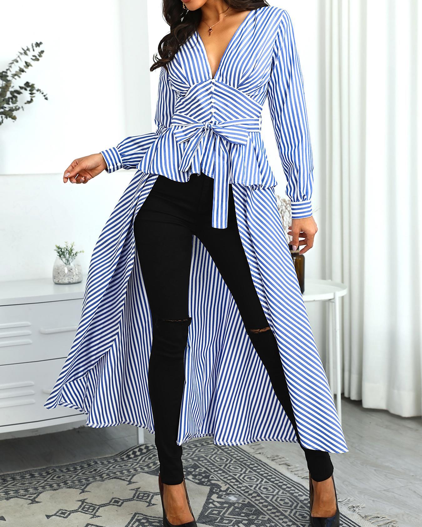 

V-Neck Striped Tie Waist Dip Hem Irregular Blouse, Blue