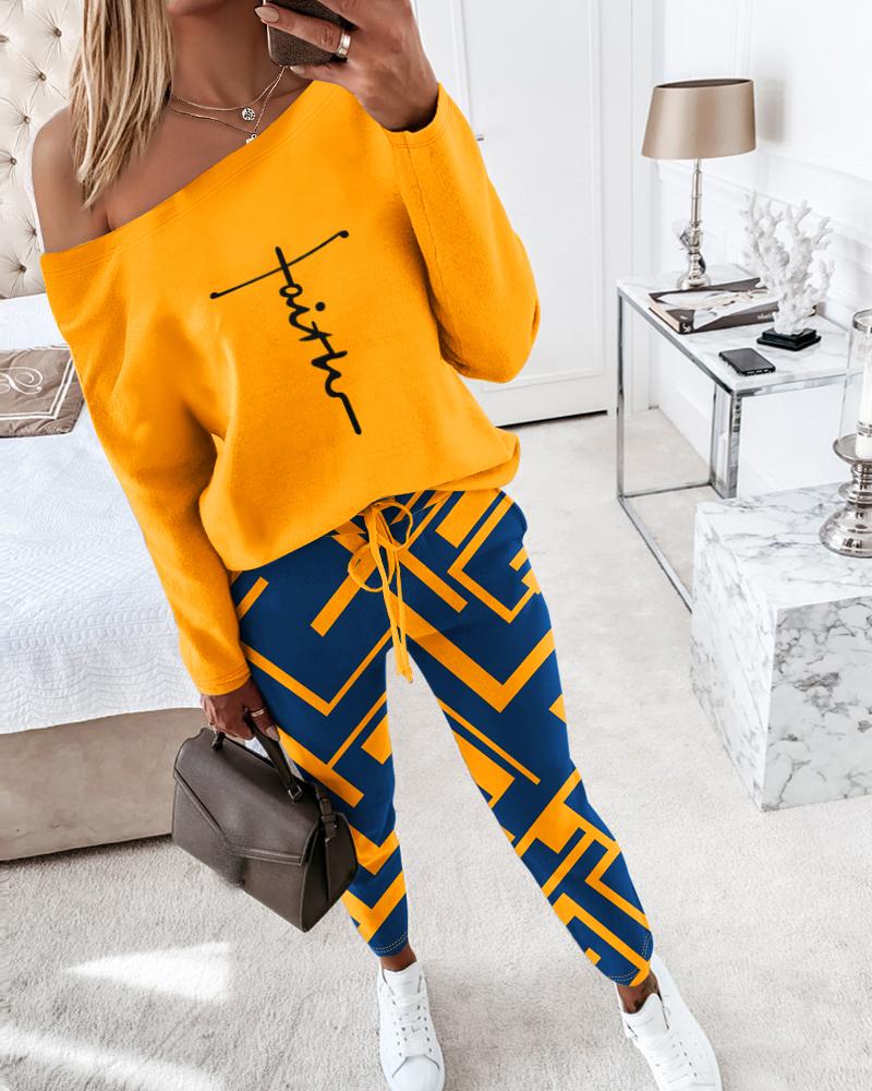 

Faith Geometric Print Skew Neck Top & Drawstring Pants Set, Orange