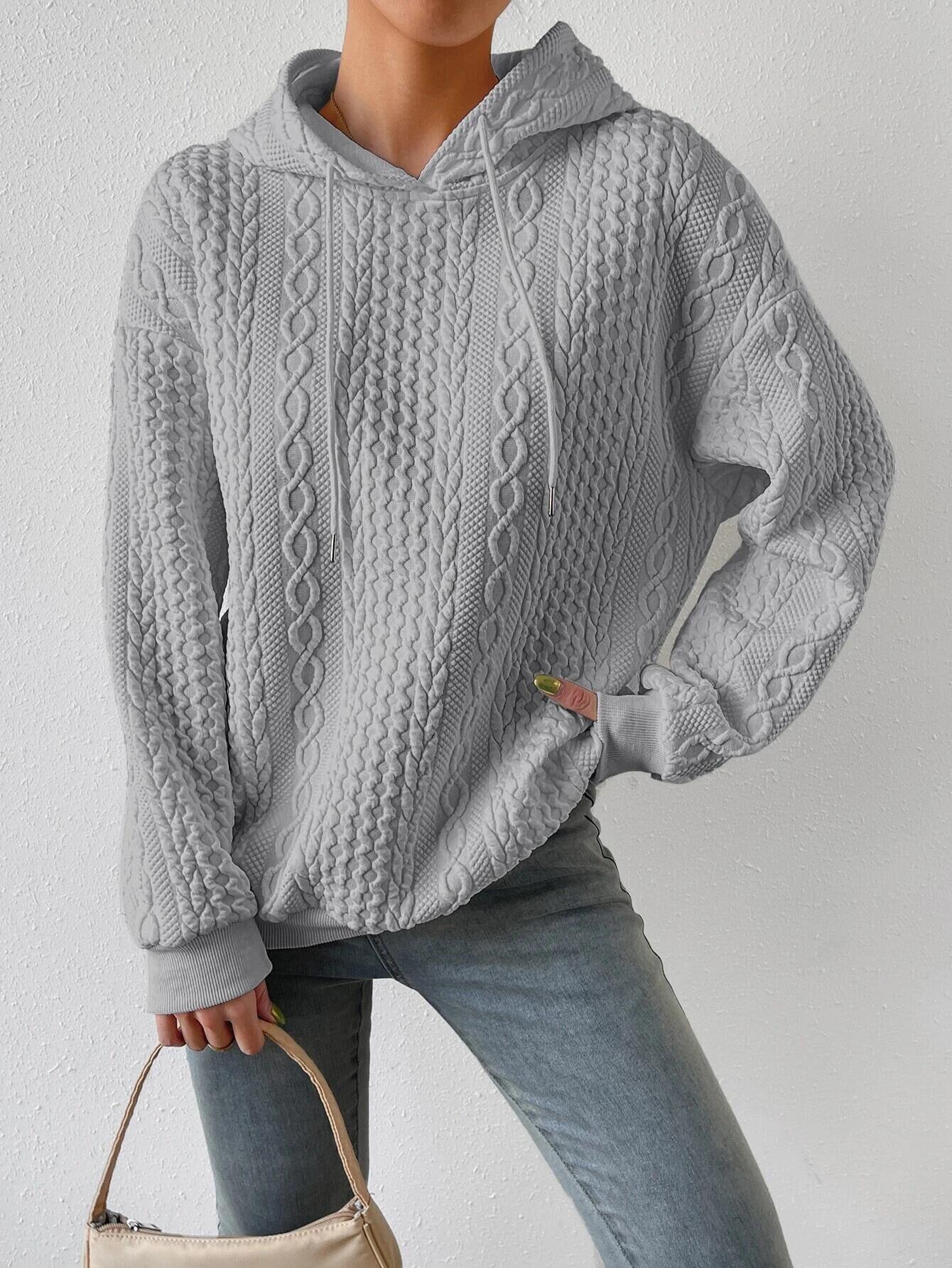 

Cable Textured Hooded Sweatshirt, Gray