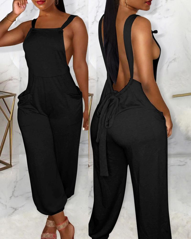 

Tied Detail Square Neck Backless Suspender Jumpsuit, Black