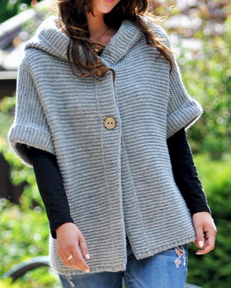 

Knit Button Design Half Sleeve Hooded Cardigan, Gray