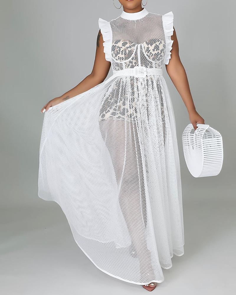 

Plus Size Fishnet Ruffle Hem Maxi Dress With Cheetah Print Bodysuit, White