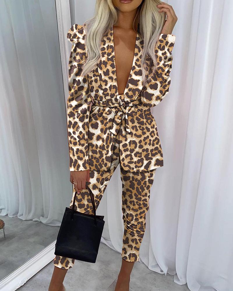 

Leopard Print Puff Sleeve Tie Front Blazer & Pants Set