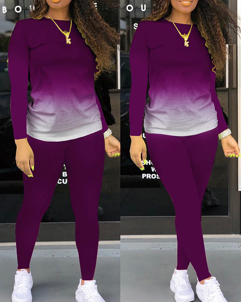 

Plus Size Ombre Long Sleeve Top & Pants Set, Purple