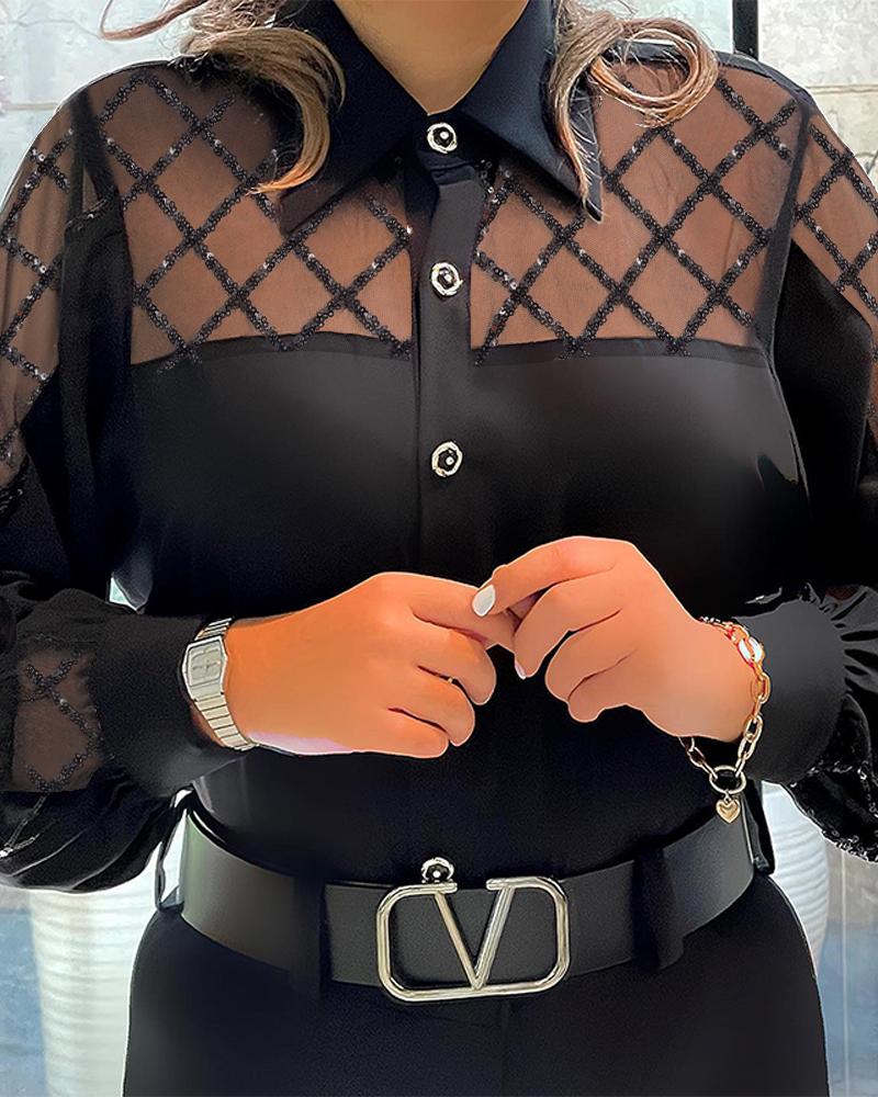 

Sequin Argyle Pattern Mesh Patch Top, Black
