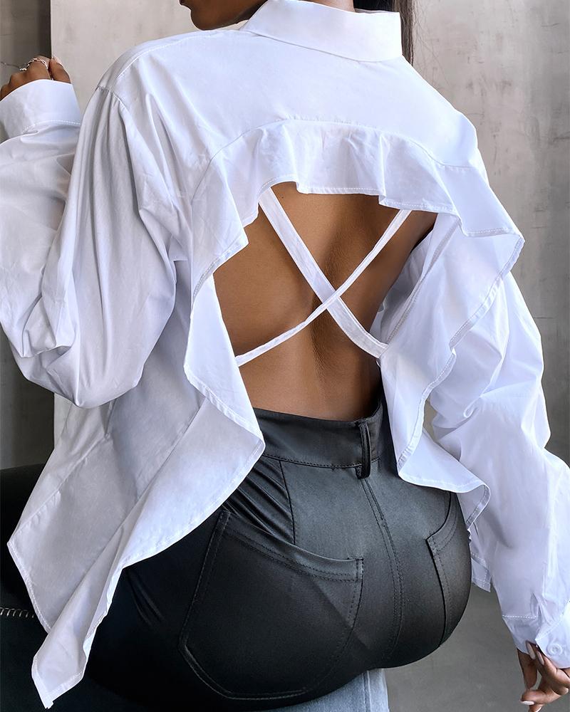 

Crisscross Backless Ruffles Shirt, White