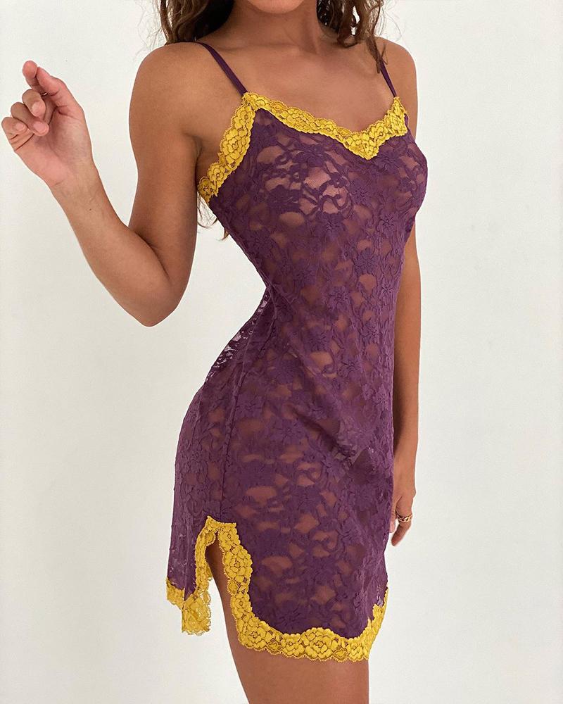 

Split Hem See Through Lace Babydoll, Purple