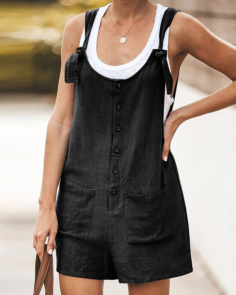 

Solid Button Up Suspender Romper, Black