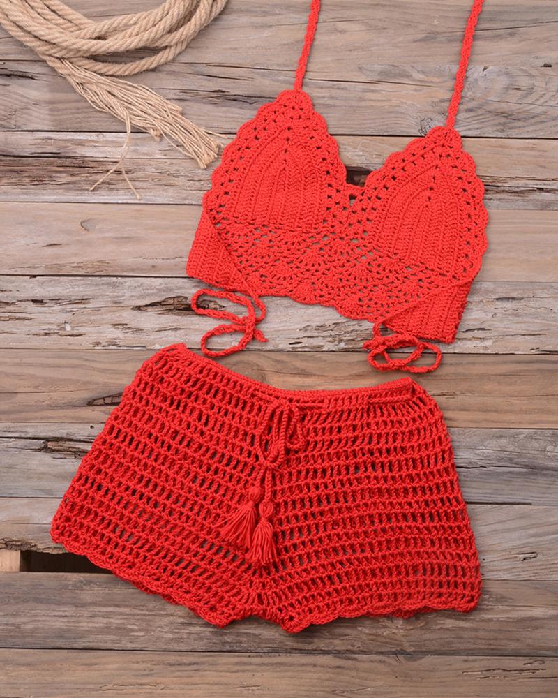 

Solid Strap Cut-out Tanks With Cut-out Shorts Sexy Sets, Red
