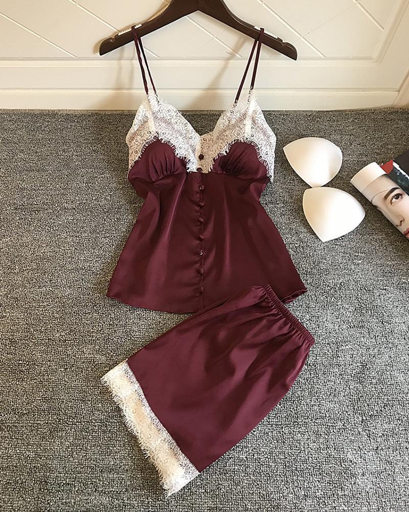 

Eyelash Lace Button Design Satin Padded Cami Set, Wine red