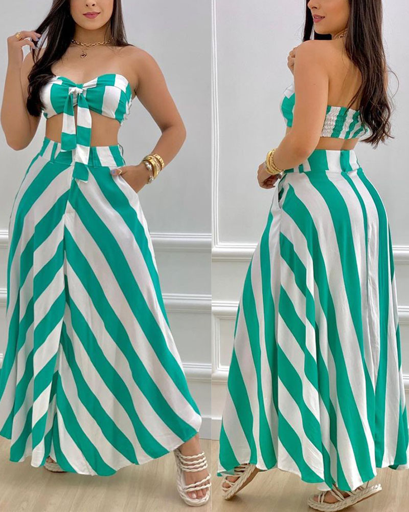 

Striped Print Knot Front Shirred Crop Tube Top & Skirt Set, Green