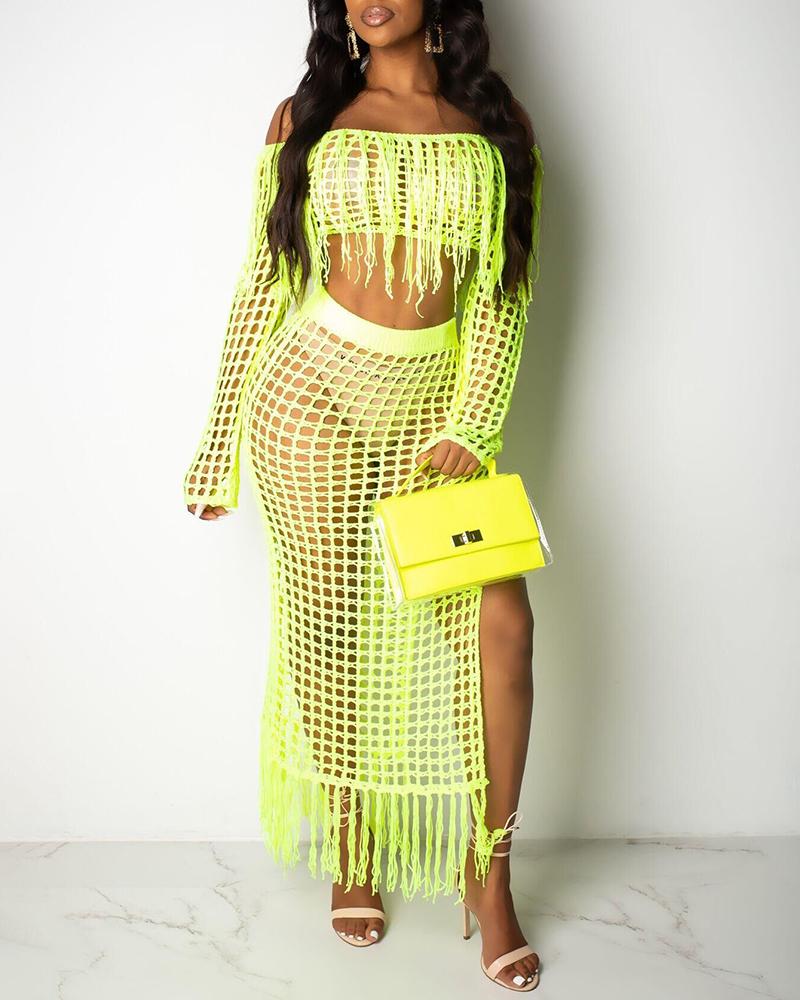 

Crochet Casual Mesh Tassel Beach Top & Skirt Sets Swimwear Cover-ups, Green