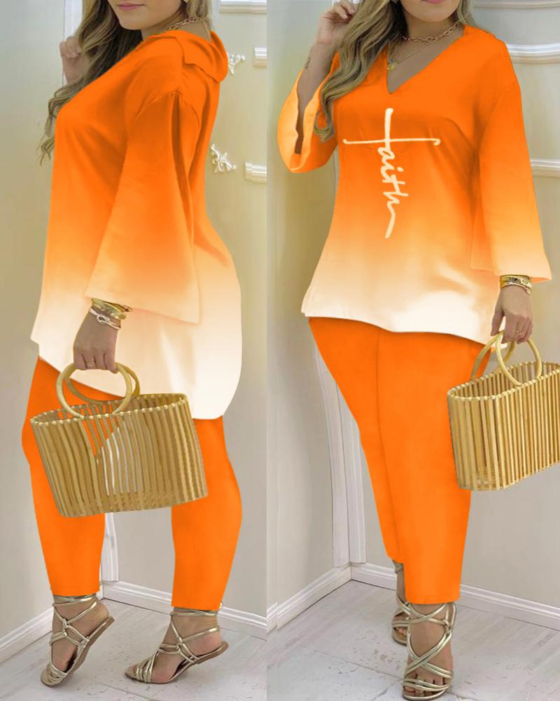 

Plus Size Faith Print Ombre Bell Sleeve Top & Pants Set, Orange