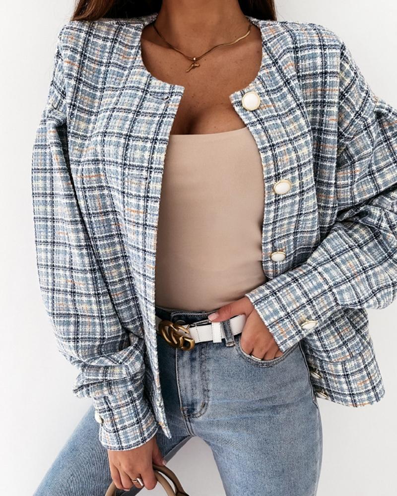 

Plaid Single Breasted Drop Shoulder Bomber Jacket, Lighted blue