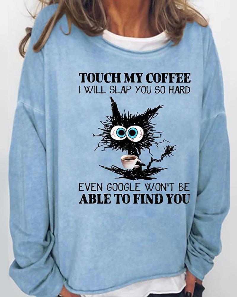 

Letter Cat Print Long Sleeve Casual Top, Lighted blue