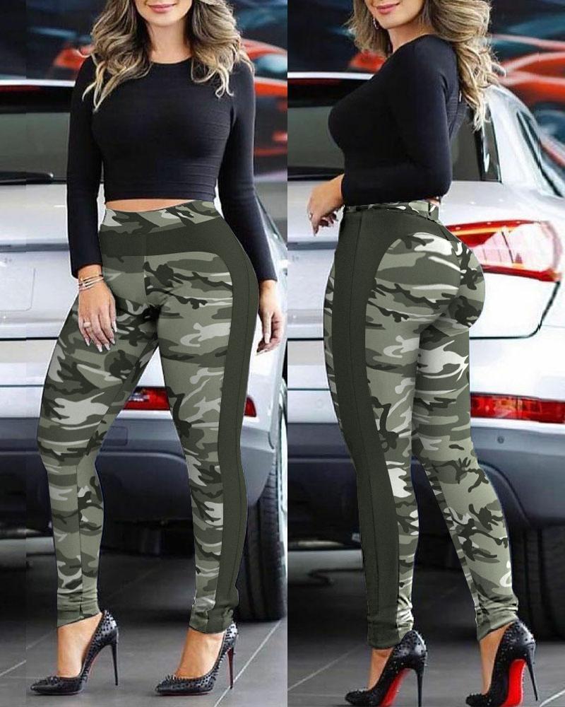 

Camouflage Print Patchwork Skinny Pants, Camoflage